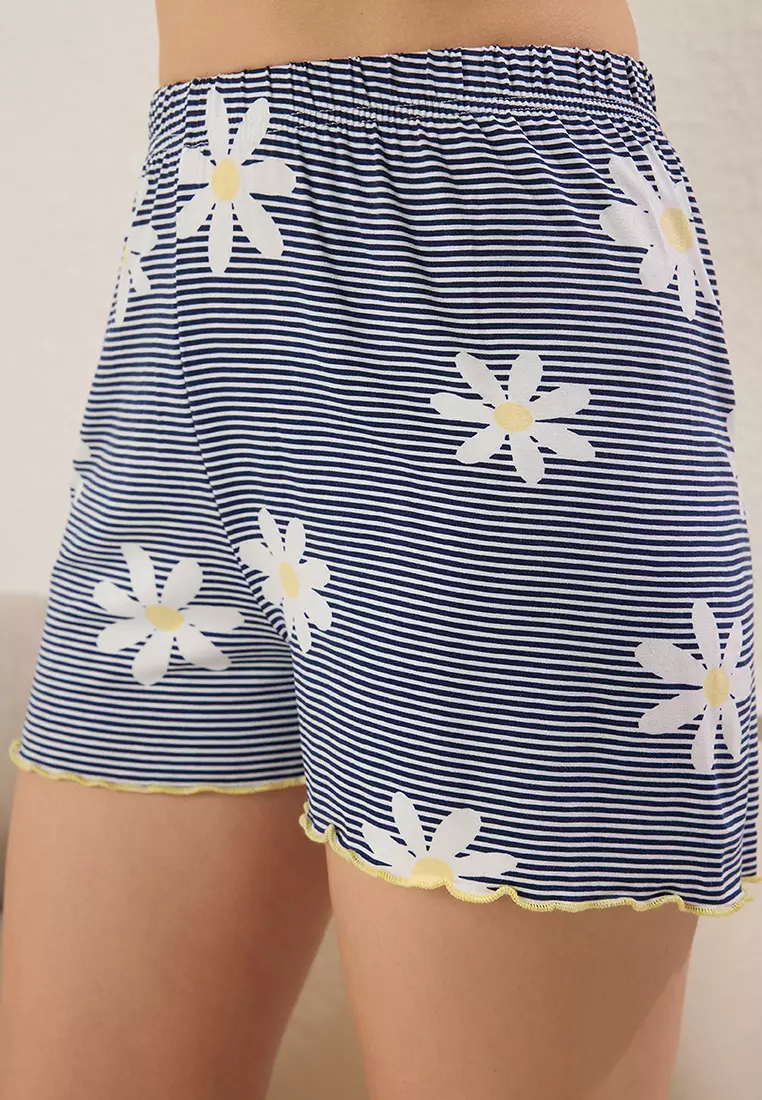 Navy Blue Floral and Striped Baby Overlock Detailed Shorts Knitted Pajama Set THMSS25PT00205