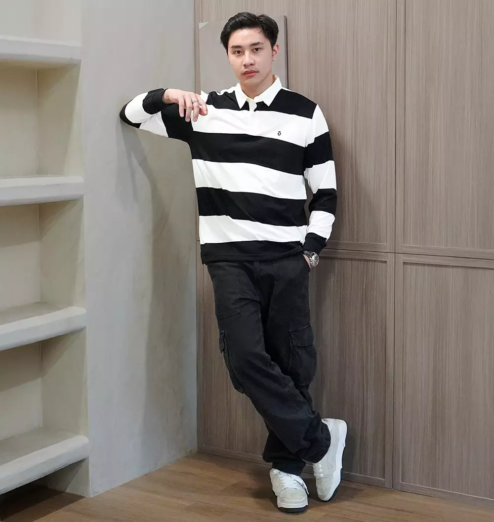 Matsuda Kaos Rugby Polo Shirt Katun Pria Lengan Panjang Nagai Black White