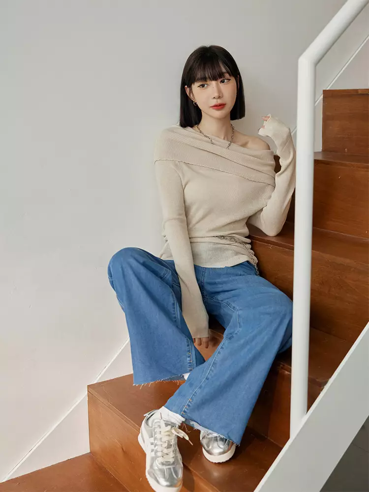 純棉天絲牛仔不收邊寬褲《BA7578》