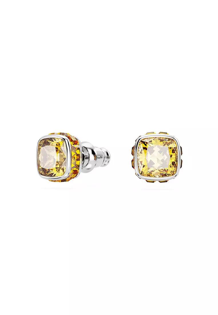 Birthstone Stud Earrings, Square Cut, November, Yellow, Rhodium plated