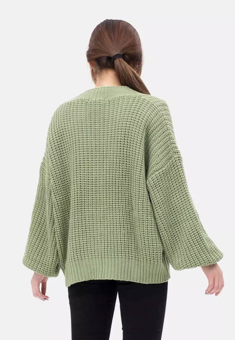 Button Puff Sleeve Knit Cardigan in Green