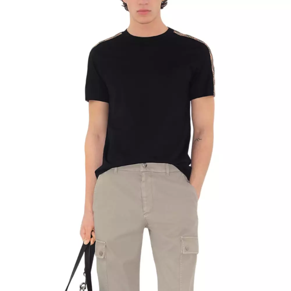 Check Trim Cotton T-Shirt Black