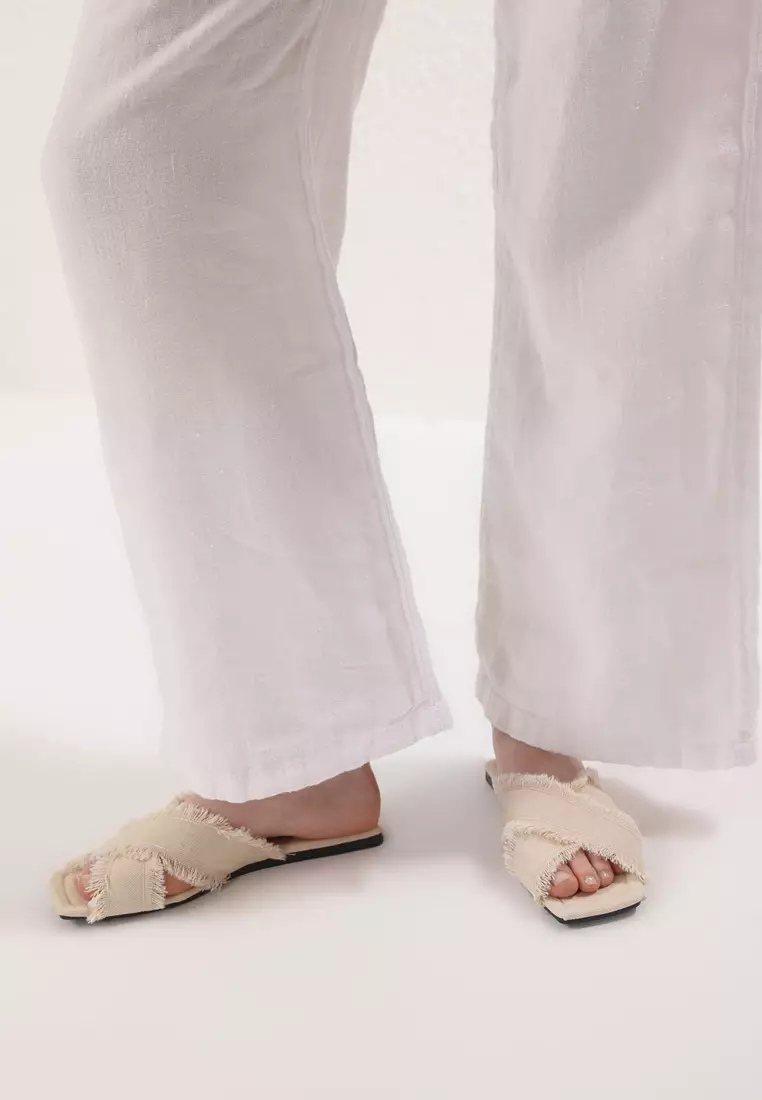 Ecru Tassel Detailed Denim Cross Strap Women's Slippers Takss25Te00043