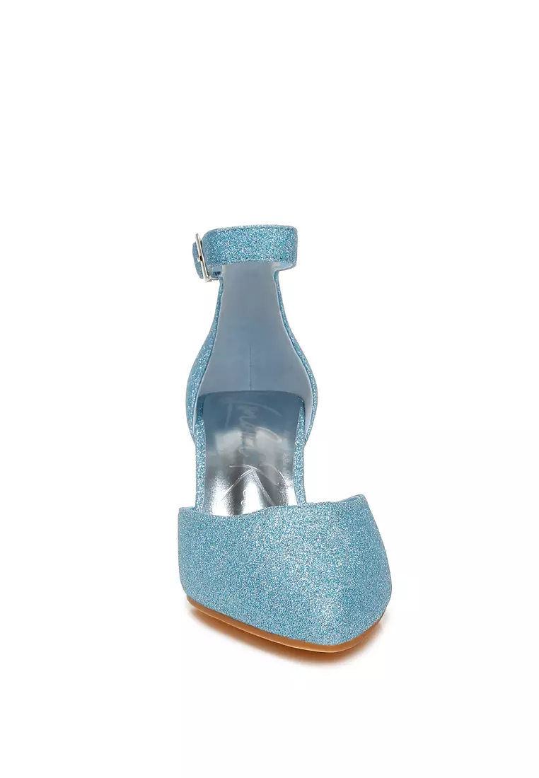 Sandal Tumit Blok Berkilau Warna Biru