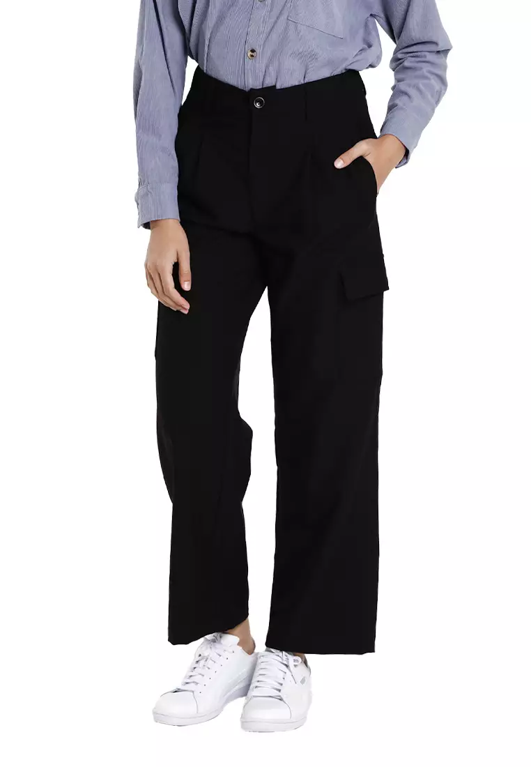 Forest Ladies Pleated Cargo Long Pants Women Wide Leg Pants | Seluar Panjang Perempuan - 810550-01Black