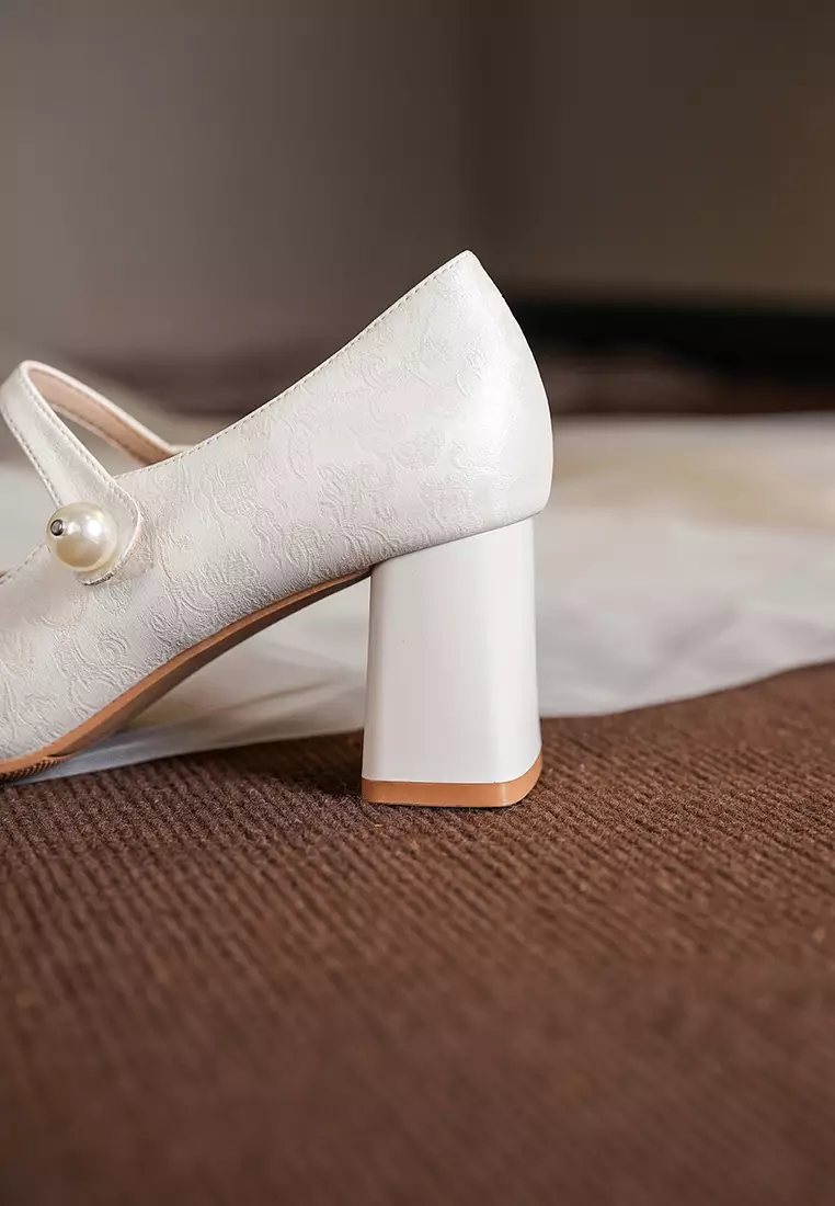 7CM Pearl Strap Cotton Print Mary Jane Shoes BY664-58