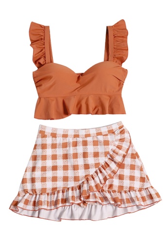 Halo orange (2pcs)  Ruffle Checked Bikini Swimsuit 4A436US0C6926FGS_1