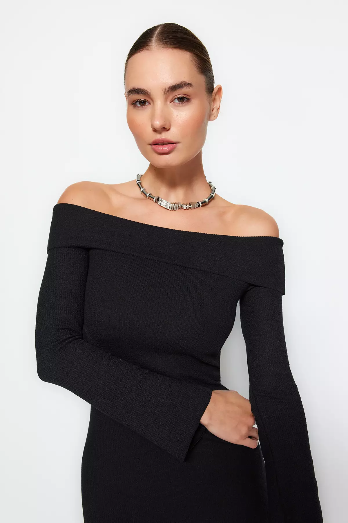 Fitted Off Shoulder Midi Dress