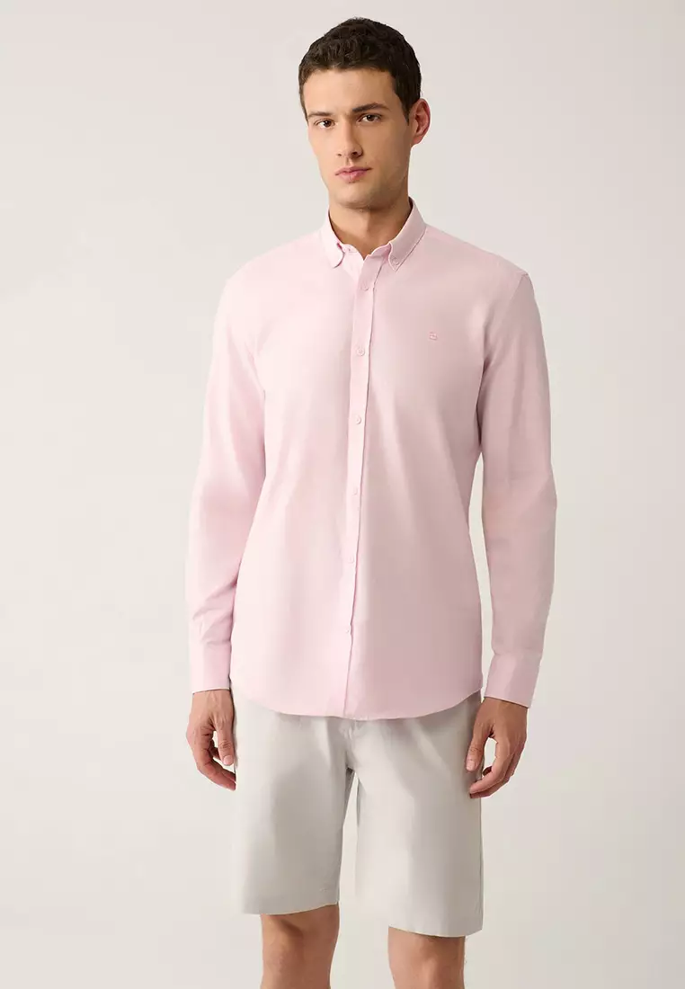 Men's Light Pink Button-Down Collar 100% Cotton Linen Textured Shirt E002141