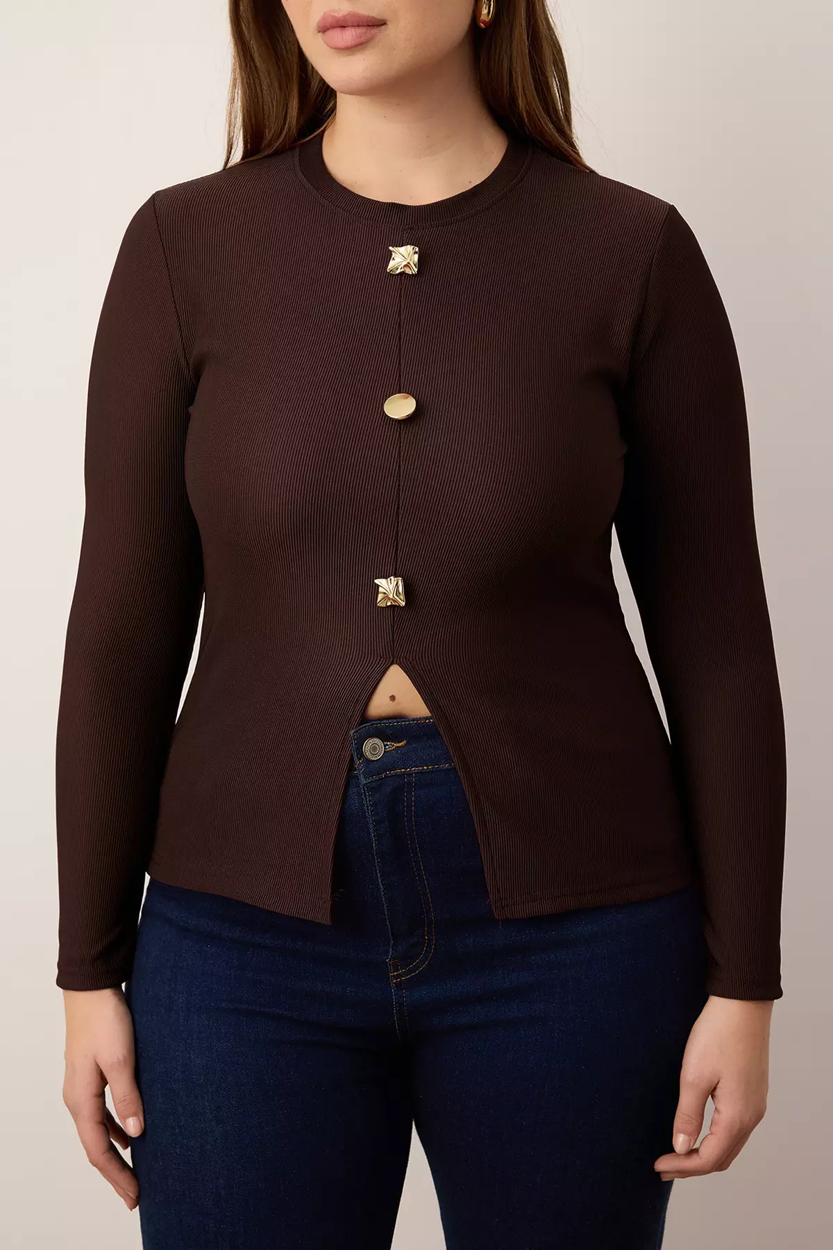 Brown Accessory Buttoned Long Sleeve Ribbed Knitted Plus Size Blouse Tbbaw26Af00078