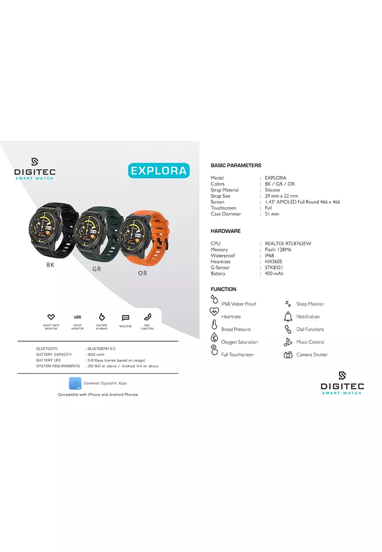 Digitec Explora - Smartwatch - Jam Tangan Pintar Pria - Black - Rubber Strap