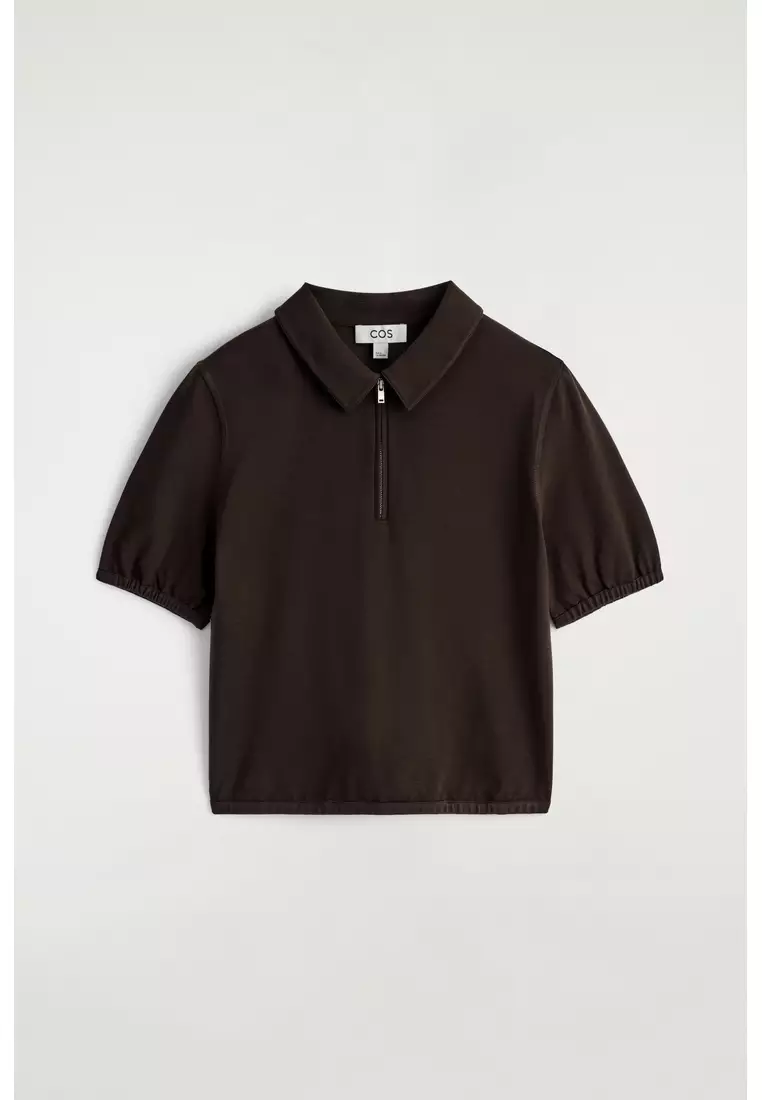 GATHERED JERSEY ZIPPED POLO TOP