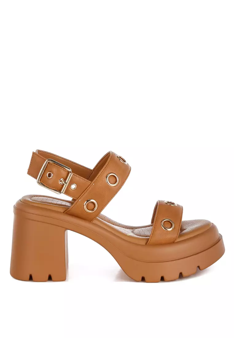 Discount on London Rag  shoes - SKU: Eyelet Detail Platform Heel Sandals in Tan