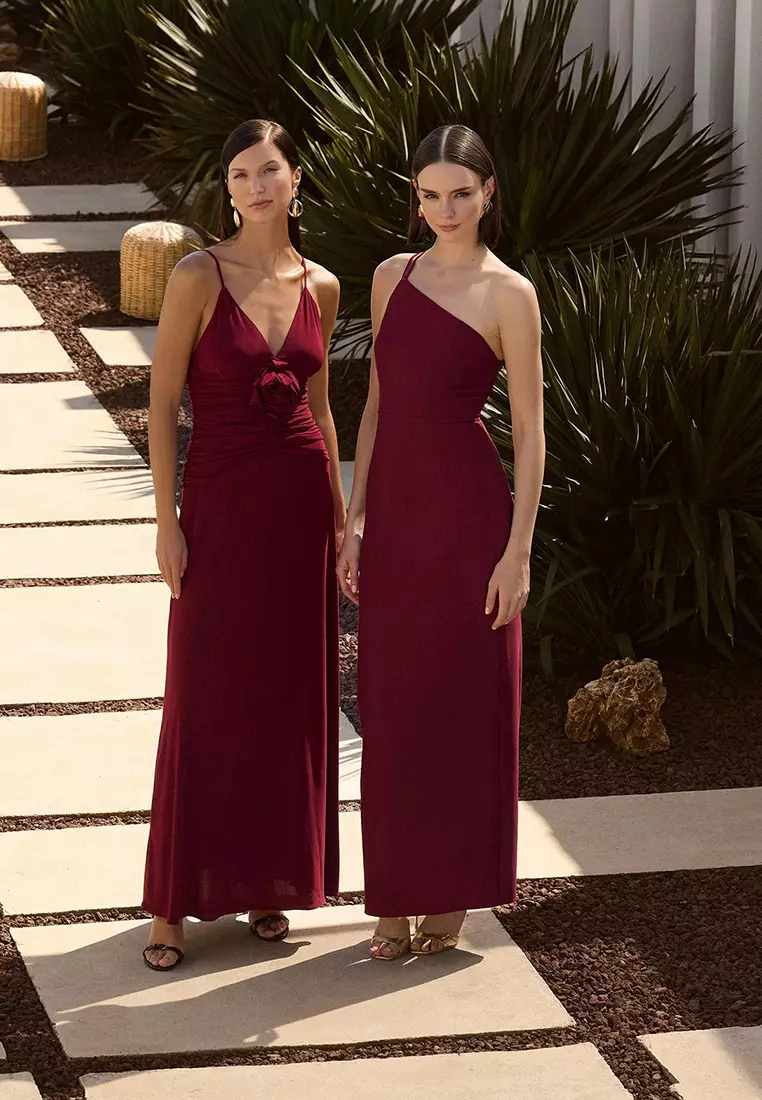 Burgundy Rose Detailed Knitted Maxi Elegant Evening Night Graduation Dress TPRSS25AE00180