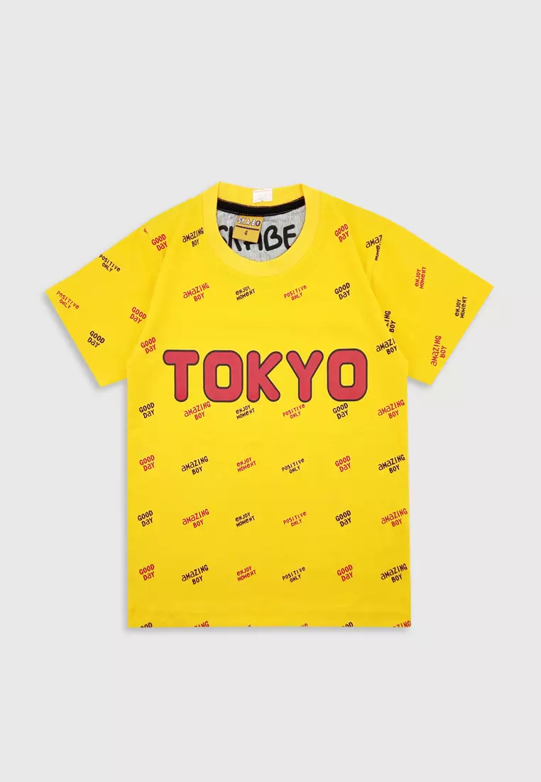 Wakakids Baju Anak Laki Laki Atasan Kaos Usia 4 Tahun Hingga 14 Tahun Motif Tokyo 3886 Kuning SPATS