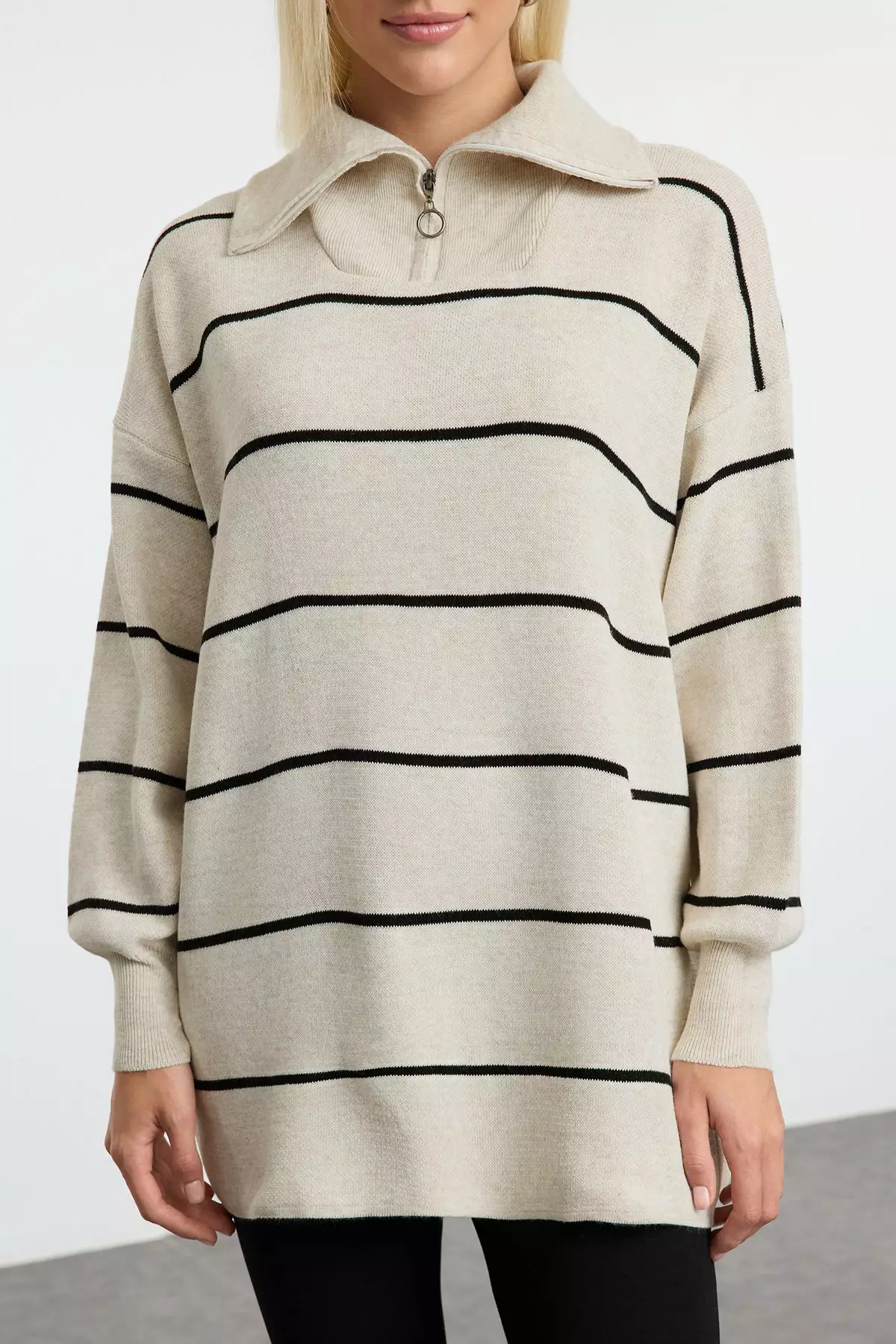 Stone Striped Turn-Down Collar Zipper Detailed Knitwear Sweater Tctaw25Ak00064