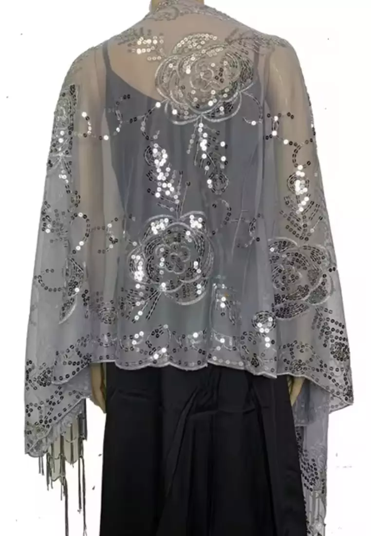 Aksesoris Wanita Sahana Flower Sequinn Lace  Fringed Evening Shawl Syal Pesta Wanita Silver Grey