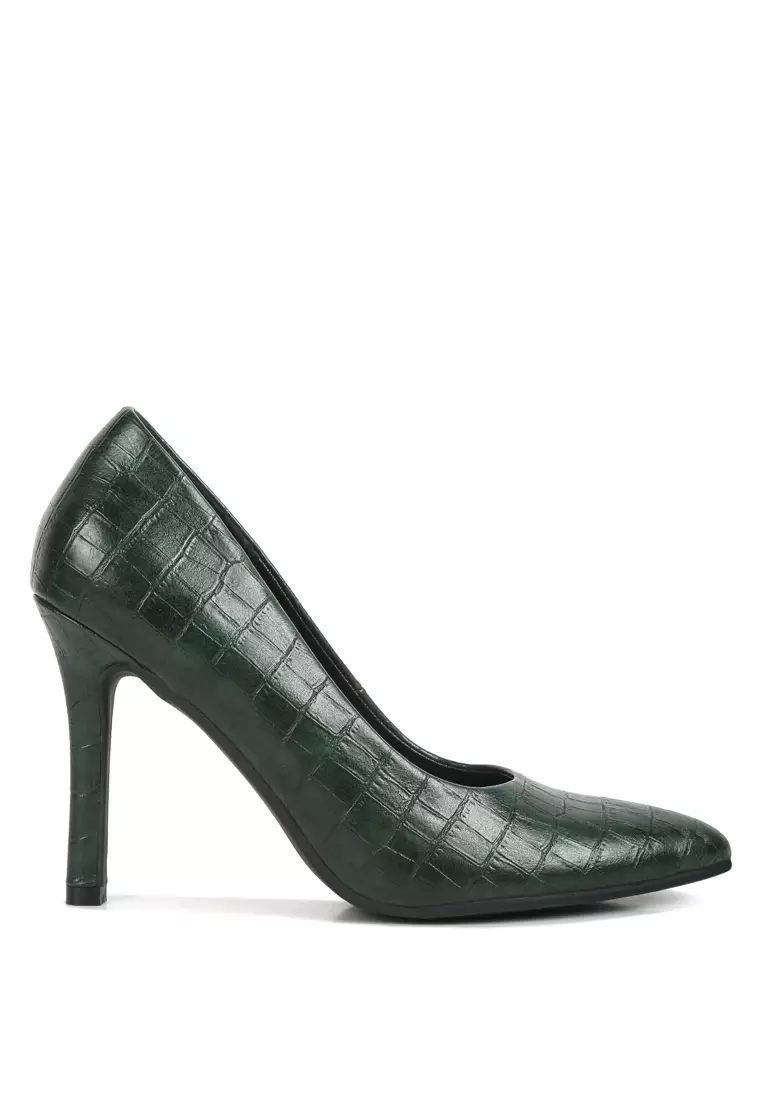 Discount on London Rag  shoes - SKU: Dark Green Crocodile Print  Faux Leather Pumps