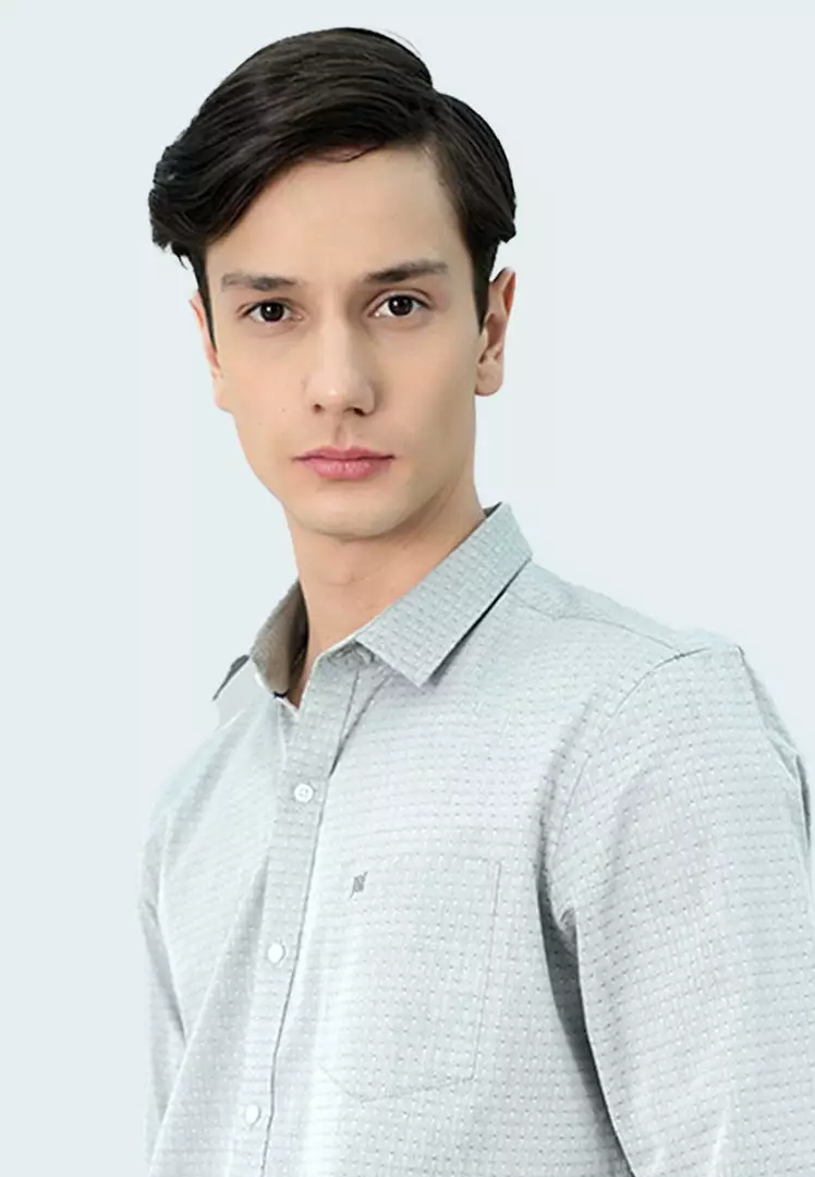 Johnwin - Kemeja Formal - Kemeja Motif - Lengan Panjang Slim Fit Putih