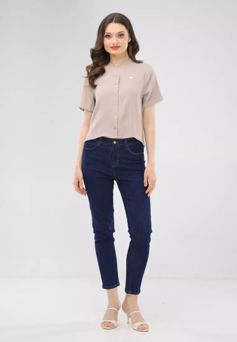 Linen Wrinkles Short Sleeves Chinese Collar Blouse