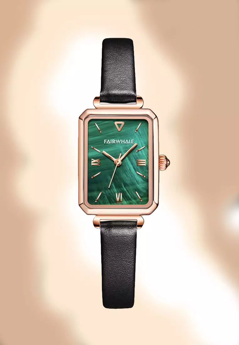 Ladies IP Rose Gold and Stainless Steel Quartz Watch, 32mm Watch Case Height, Leather Strap, Malachite Dial