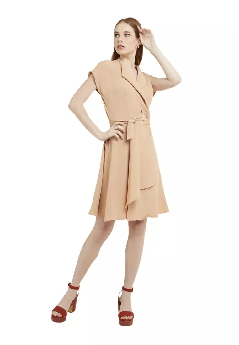 Mini Dress Kasual Lengan Pendek Collar Neckline Baju Wanita Regular Fit - Cream