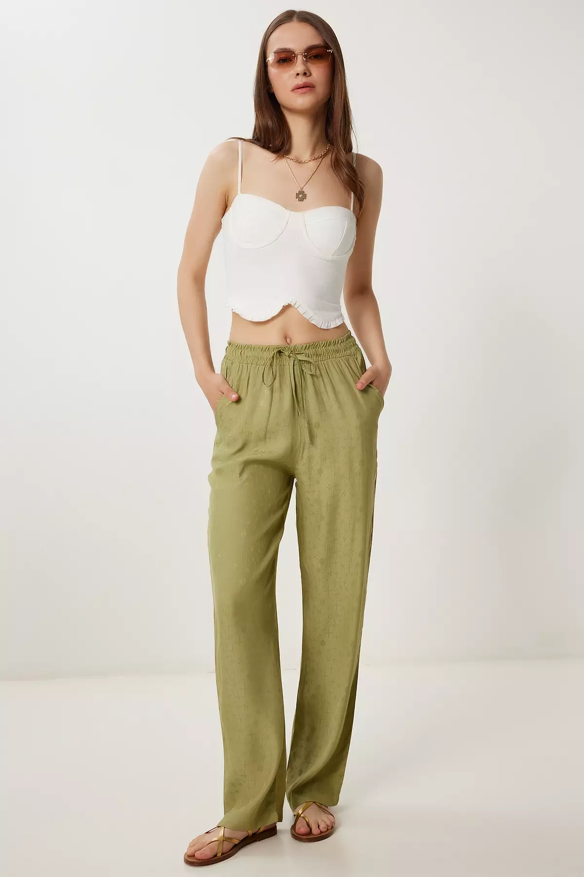 Women's Khaki Patterned Summer Viscose Trousers Wf00110