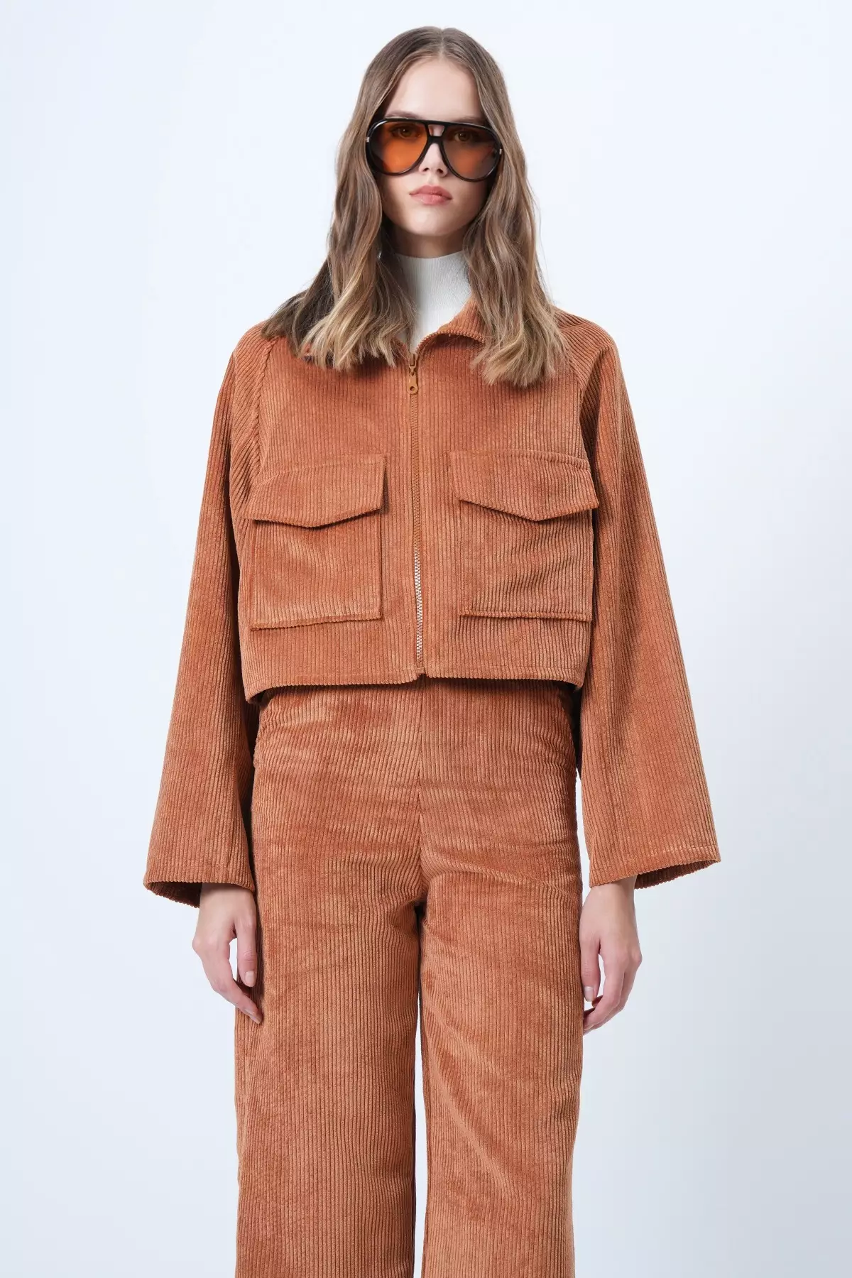 Women'S Tan Double Pocket Raglan Sleeve Velvet Jacket Alc-X14604