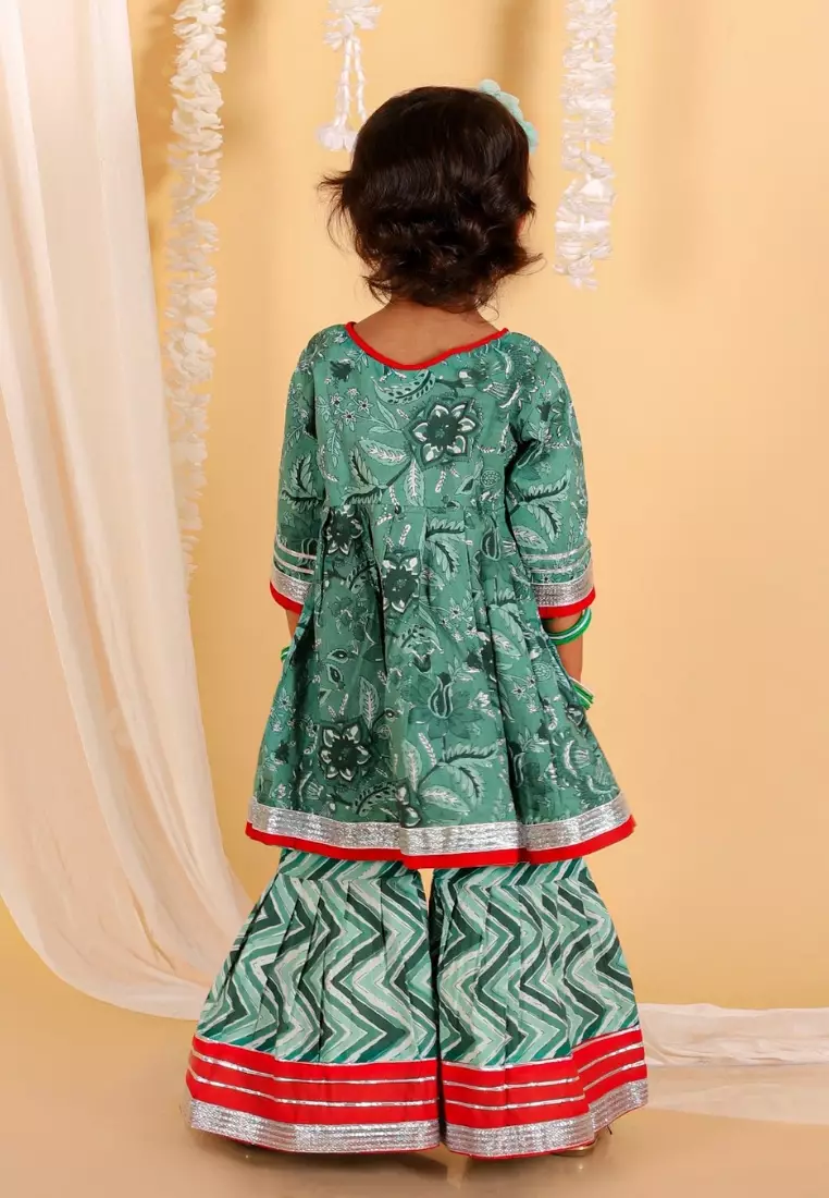Viridian Green Girls Anarkali Kurta Sharara Set