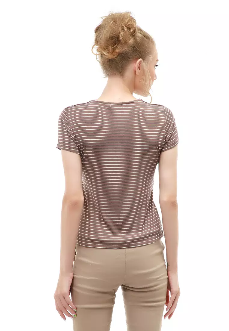 Genevie Blouse Kasual Wanita Lengan Pendek Model Salur Variasi Kerut Tengah Material Cotton ORIGINAL - Brown