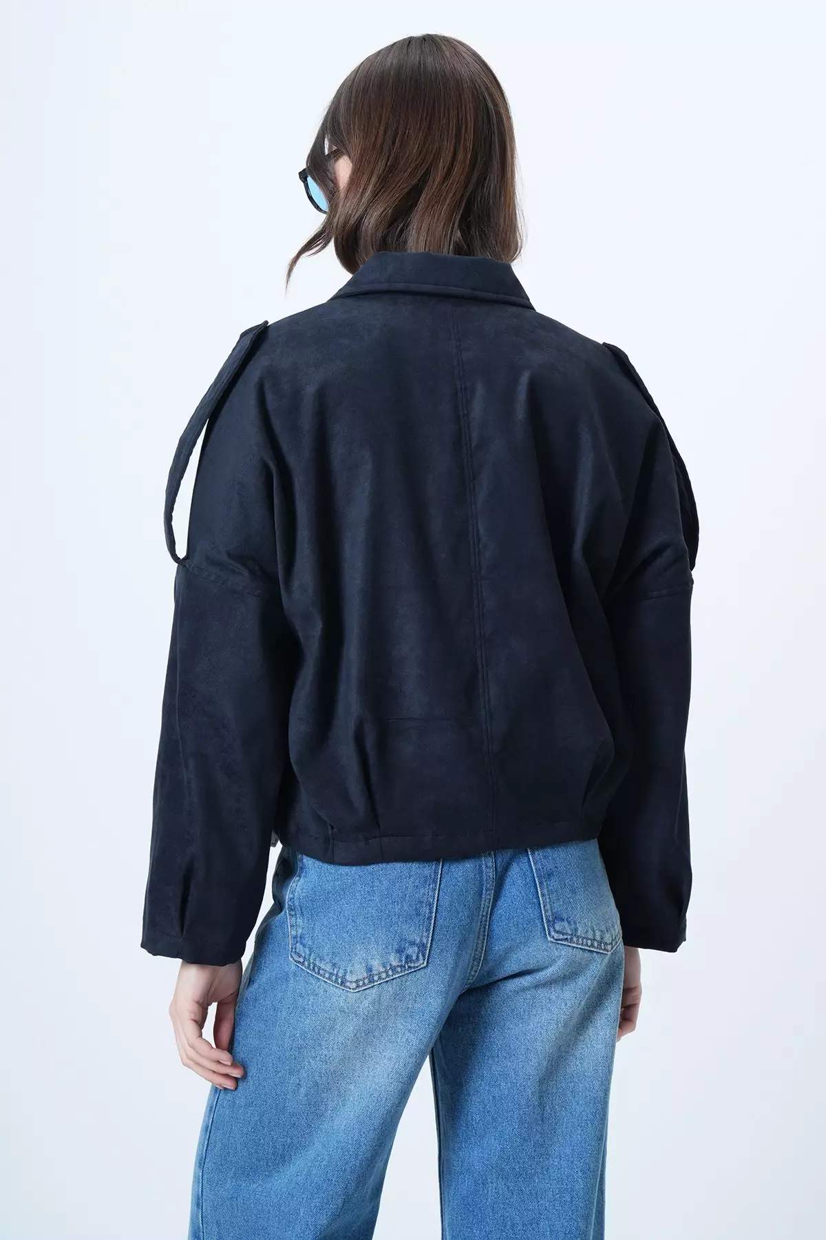 Navy Blue Shoulder Epaulettes Lined Faux Suede Bomber Jacket Alc-X14526