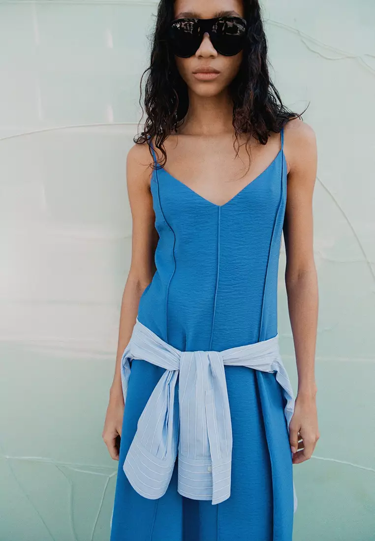 mango blue midi dress MANGO - Gathered lyocell denim dress light blue