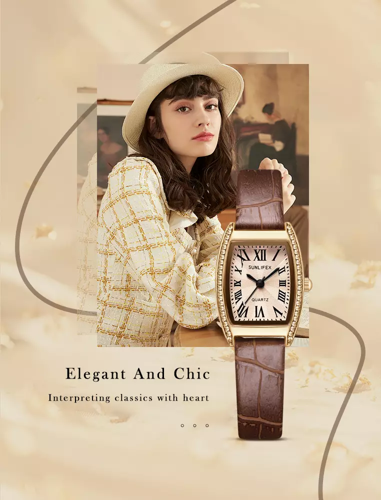Jam Tangan Wanita Tonneau-shaped Diamond Dial Tali Kulit Mode Jam Tangan Cewek light brown