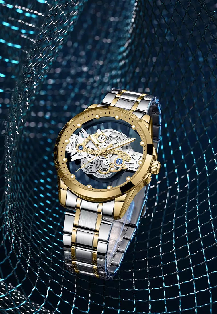 Jam Tangan Pria HD Luminous Function Hollow Dial Tali Stainless Steel Anti Air Jam Tangan Cowok silver gold