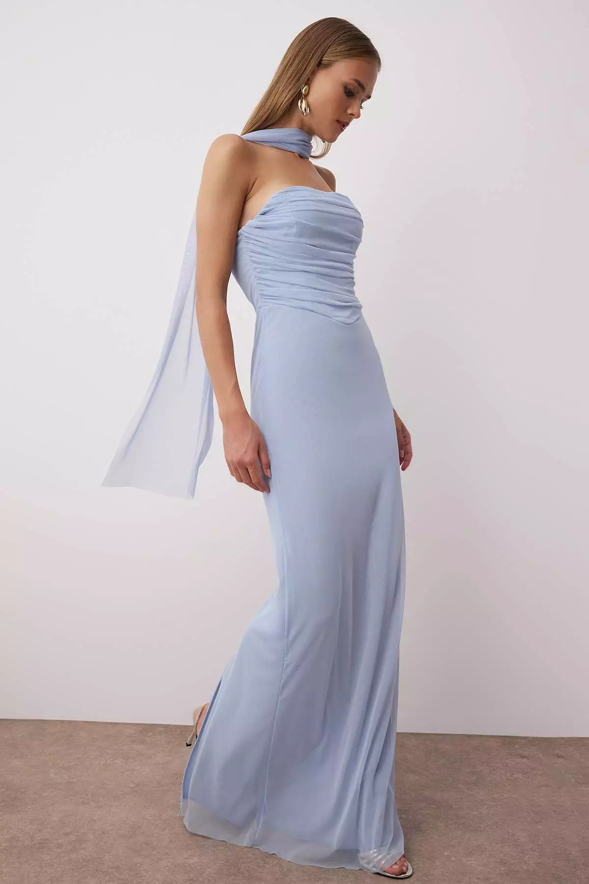Light Blue Tulle Knitted Maxi Evening Dress With Scarf Evening Homecoming Dress