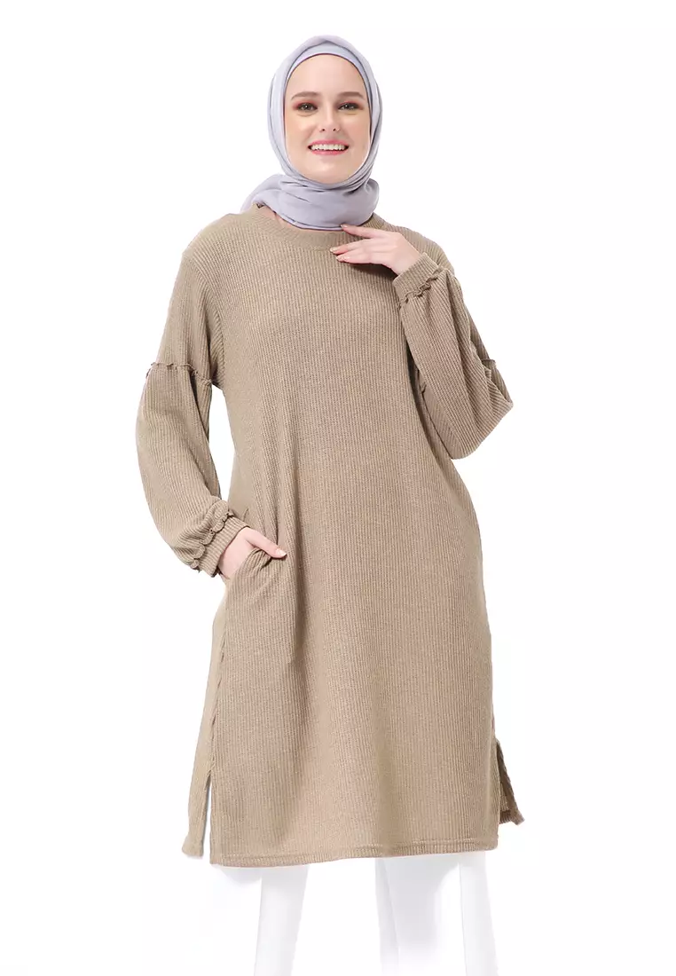 Layvina Tunik Polos Muslimah Lengan Panjang Premium High Quality Fashion - Peanut