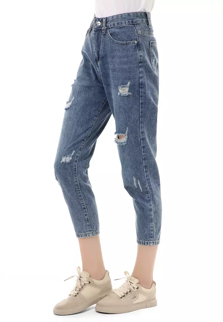 Jourel Long Pants Celana Panjang Wanita Highwaist Style Ripped Material Denim ORIGINAL - Dark Blue