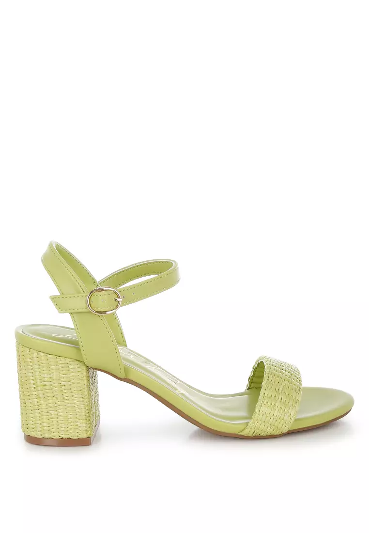 Raffia Pin Buckle Block Heels In Green
