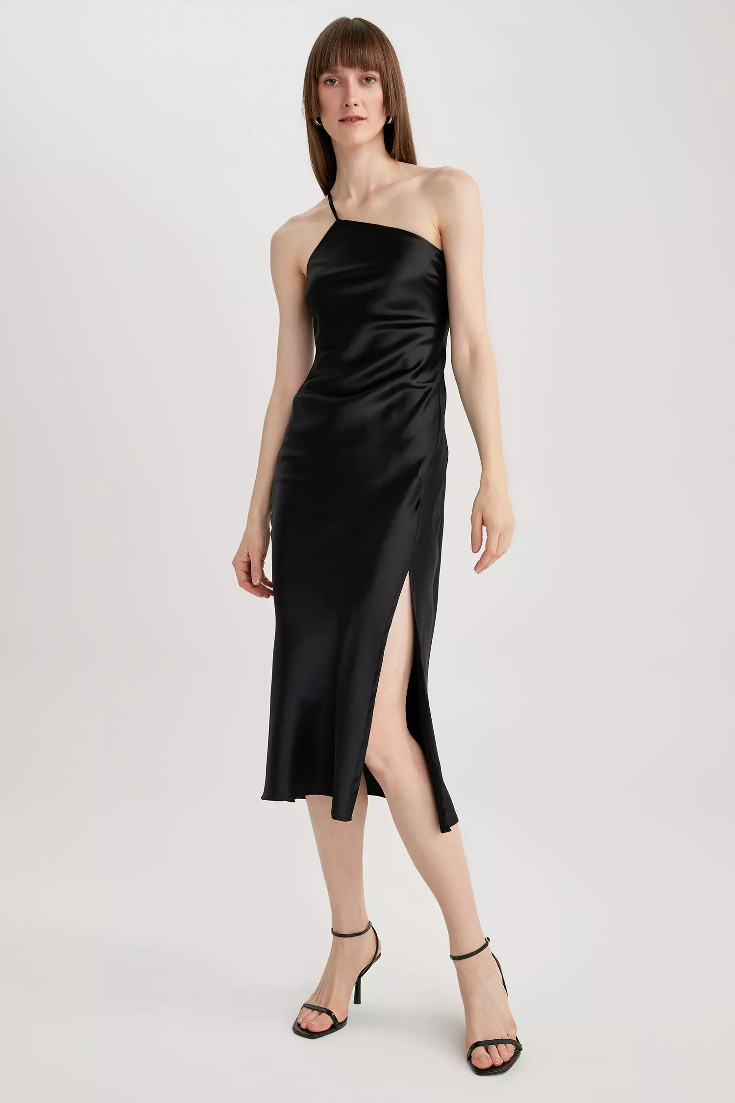 Carrie Midi Dress - Asymmetric Side Cut Out One Shoulder Dress in Black