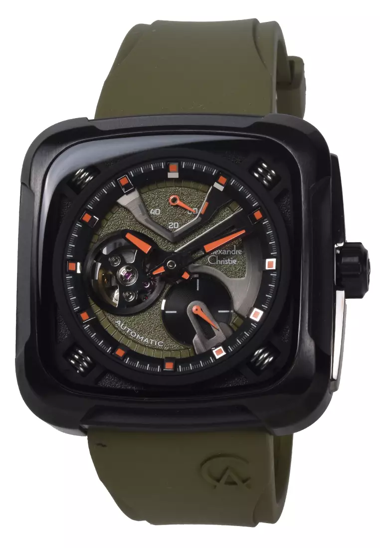 Alexandre Christie - Jam Tangan Automatic Pria - Black - Green Rubber Strap - 6577 MARIPBAGN