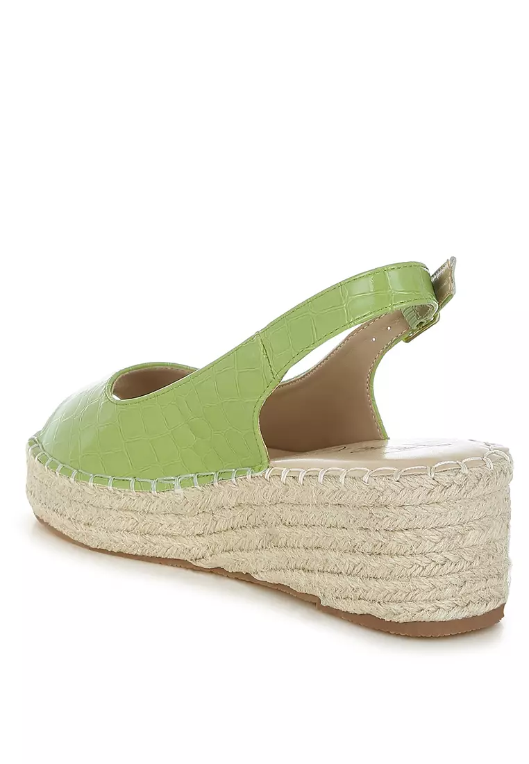 Croco Peep Toe Wedges In Green
