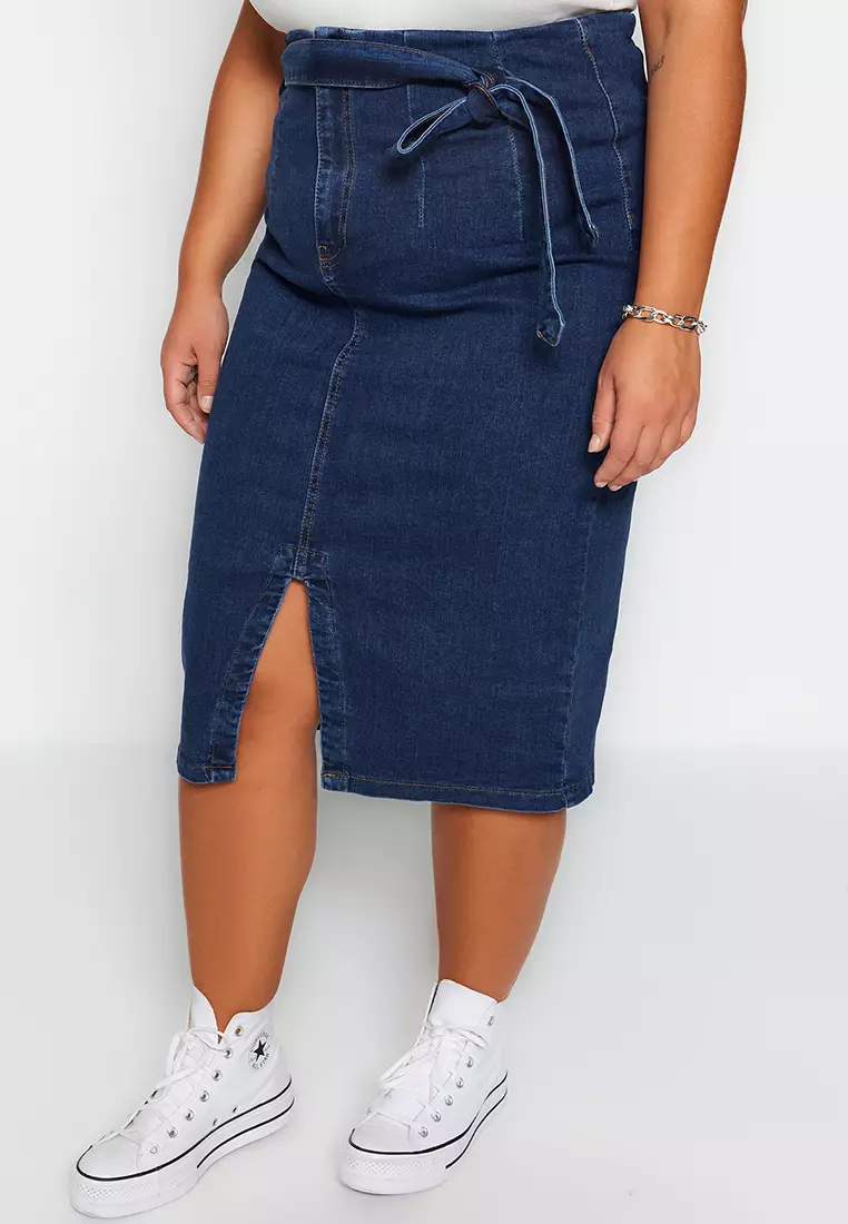 Plus Size High Waist Slit Denim Midi Skirt