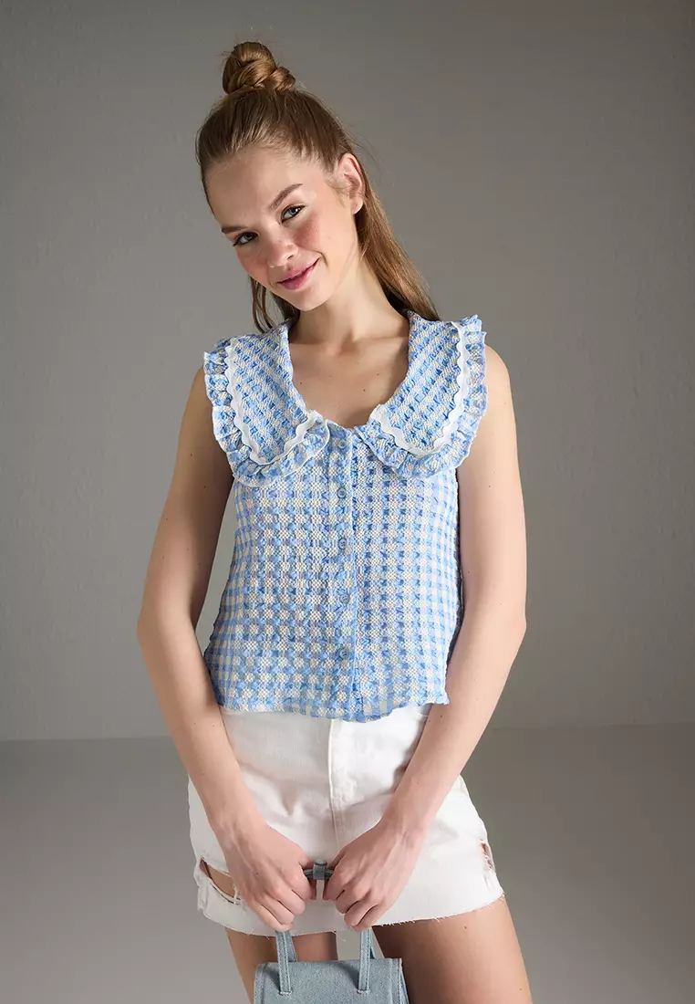 Blue Baby Collar Plaid Shirt TWOSS25GO00154