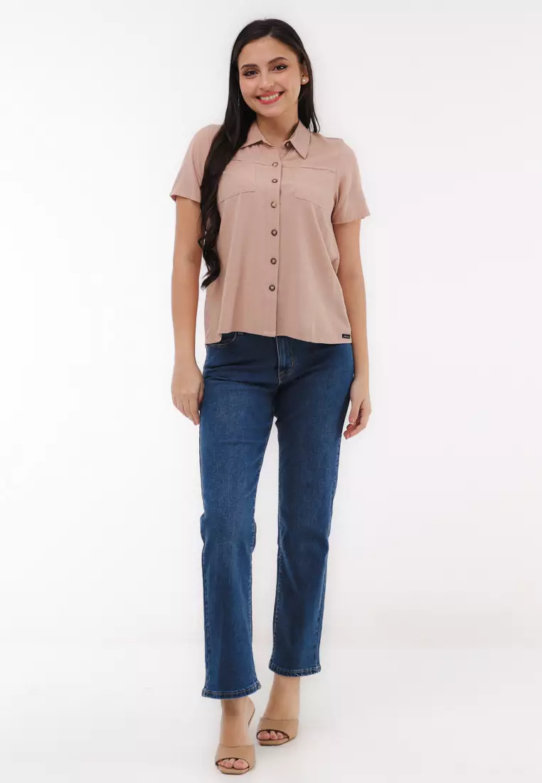 Woven Plain Rayon Short Sleeves Blouse