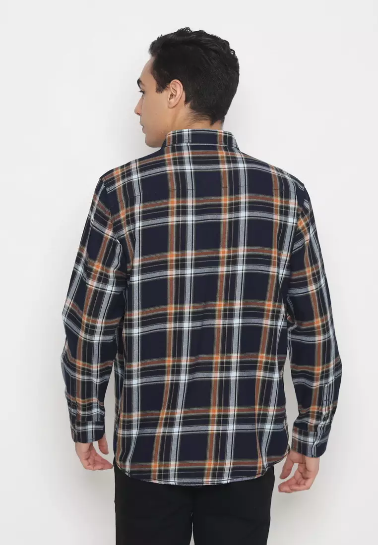 POLICE Kemeja Kotak Twill Orange Regular Fit Lengan Panjang Pria