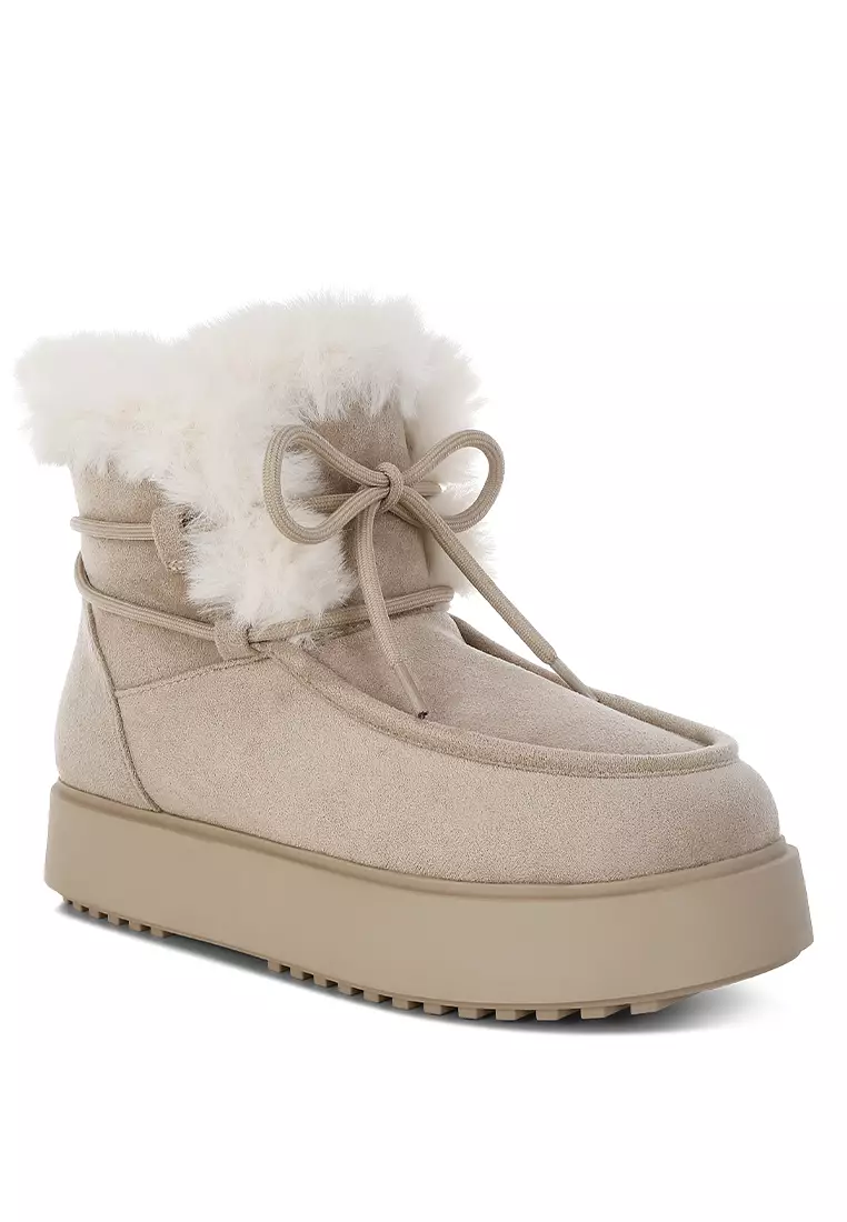 Faux Fur Collar Flatform Boots in Beige