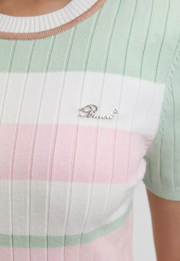 Short Sleeve Color Block Round Neck Ribbed Dress - Pink
