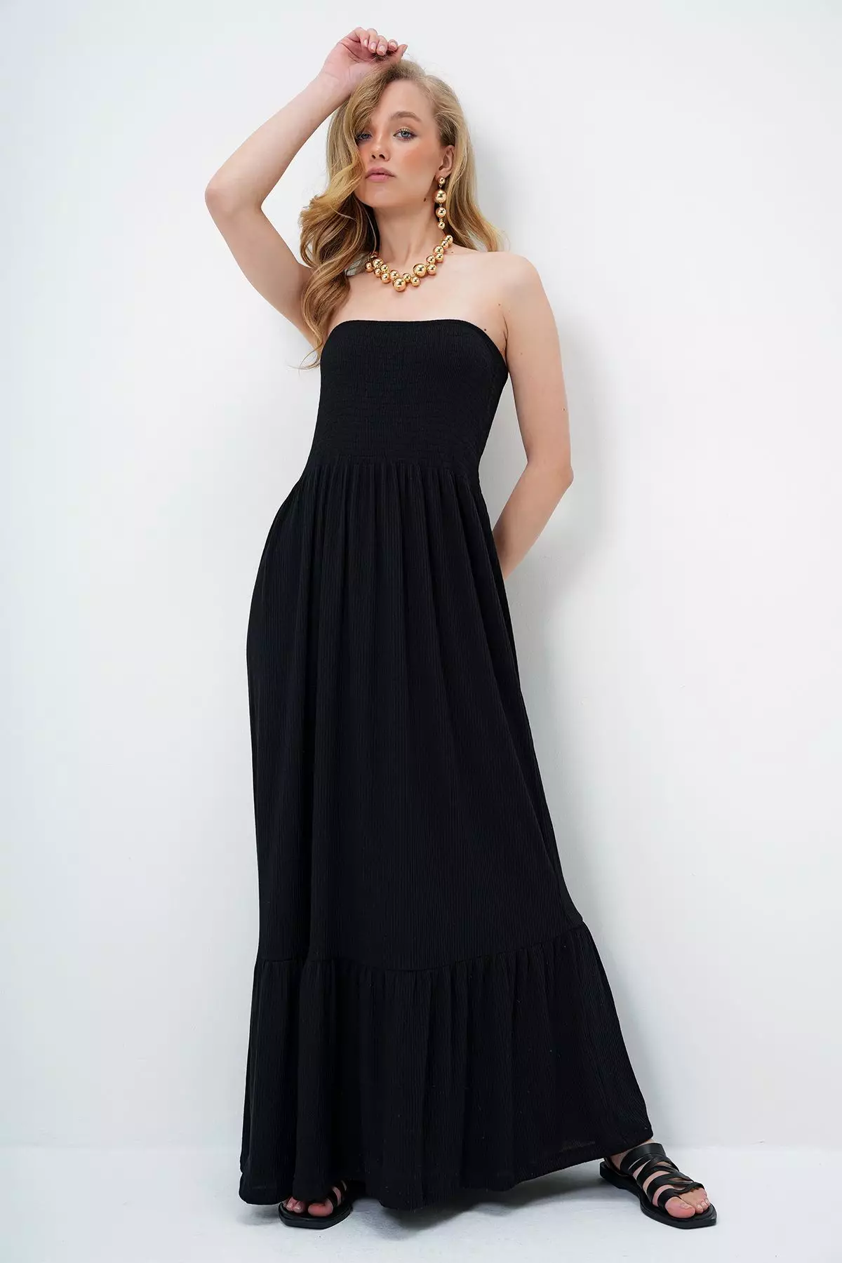 Women's Black Skirt Flounce Summer Long Strapless Dress Alc-X14127