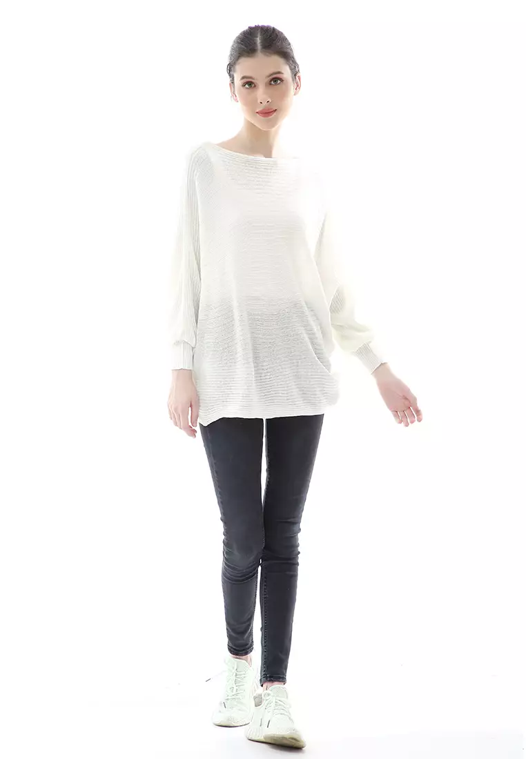 Eveline Sweater Rajut Batwing Atasan Wanita Motif Polos High Quality - Putih