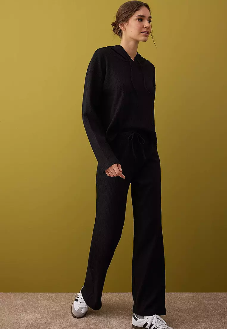 Hooded Ribbed Elastic Waist Knitted Tracksuit